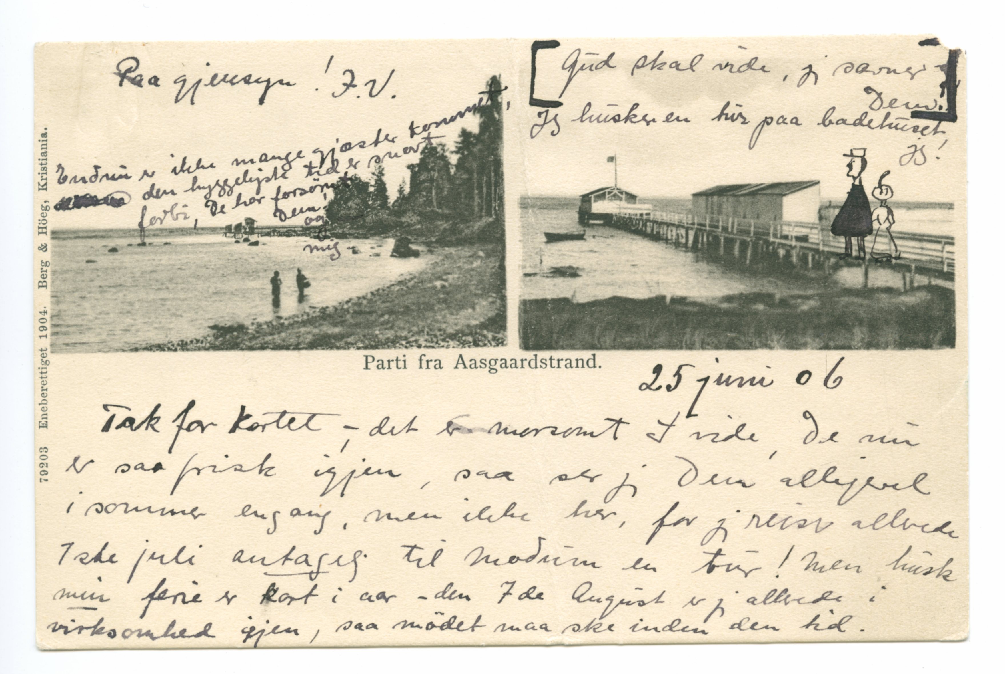 A postcard from Ingse Vibe to Edvard Munch from 25th June 1906. The picture displays a beach scene with two people walking in the shallow water and a pier with a boat house at the end. The postcard is written and drawn on.